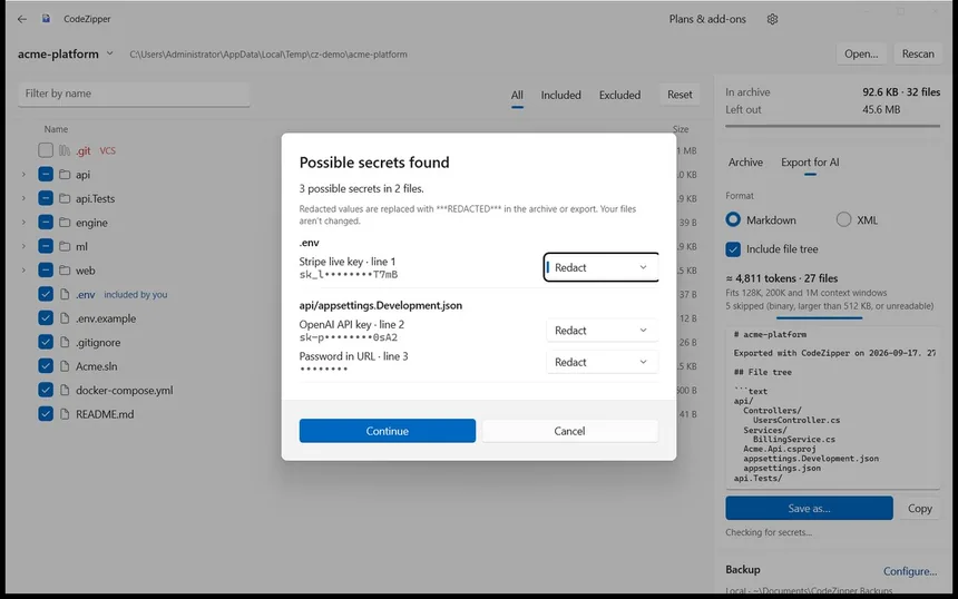 CodeZipper dialog listing possible secrets found, each with a Redact option