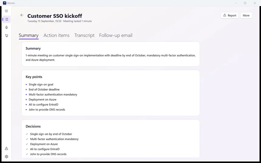 MeeteXe summary tab with key points and decisions