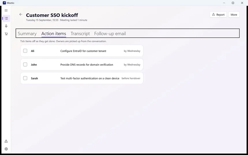 MeeteXe action items with owners and due dates