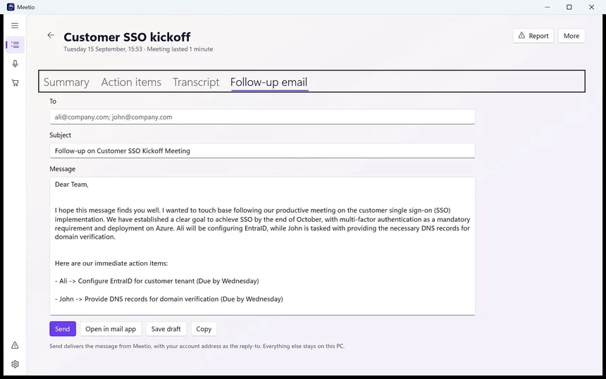 MeeteXe follow-up email drafted from the meeting