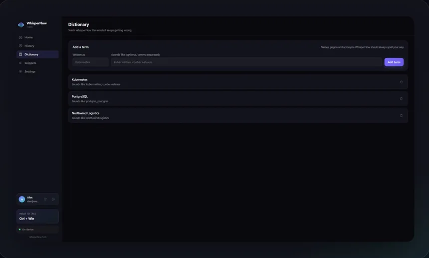 WhisperFlow personal dictionary with custom terms