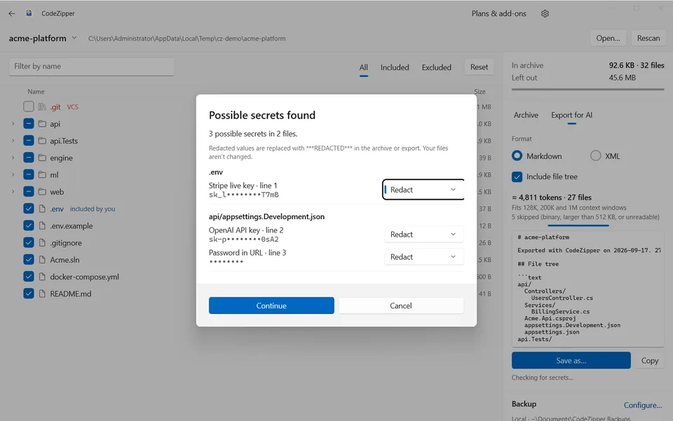 CodeZipper listing possible secrets found in .env and appsettings, each with a Redact option