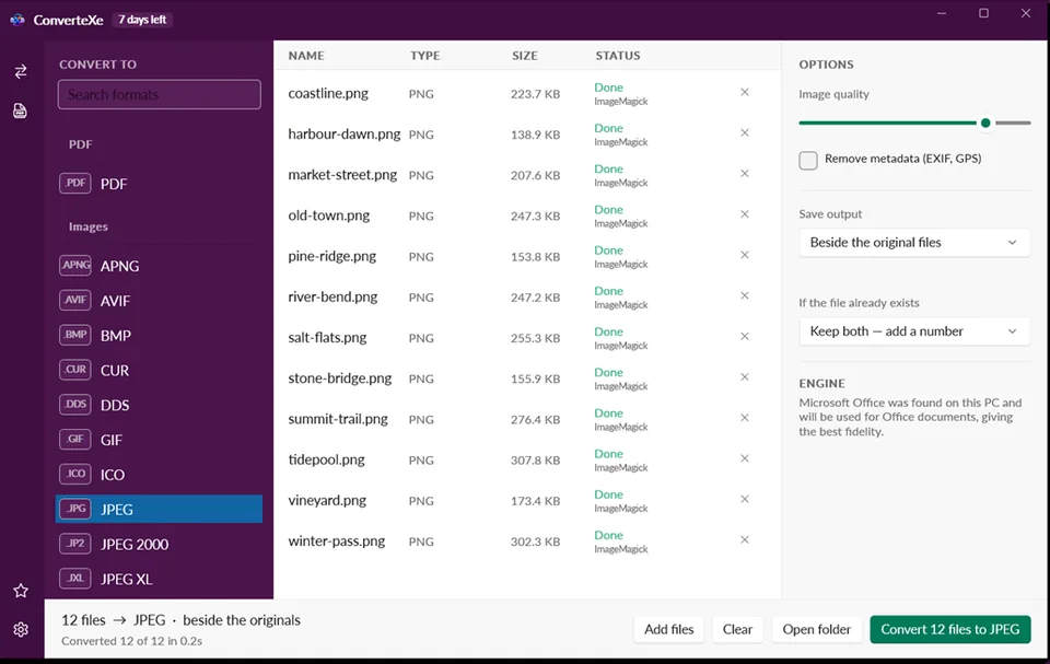 ConverteXe showing twelve files converted in under a second
