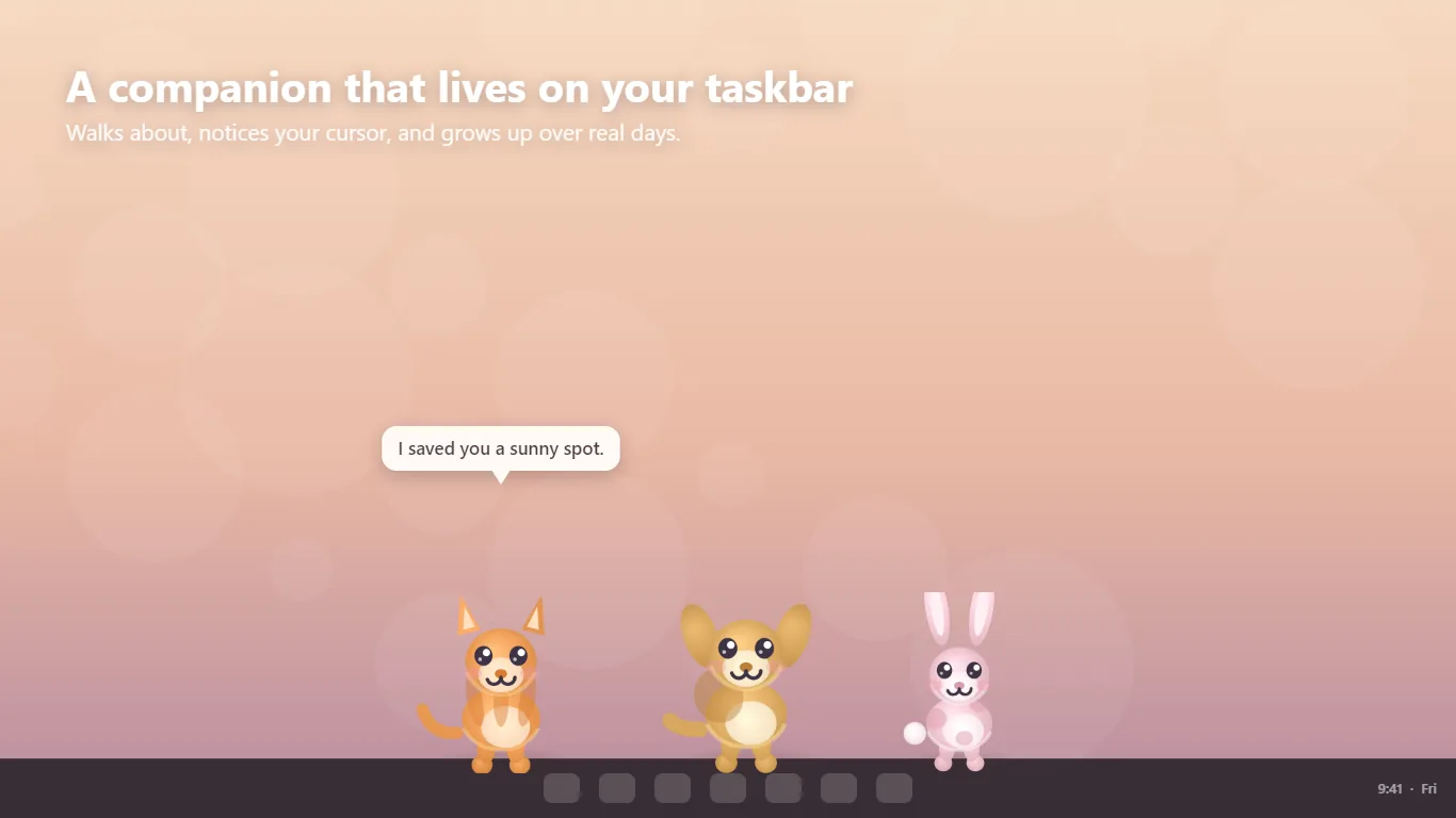 Three CutePets companions standing on the Windows taskbar
