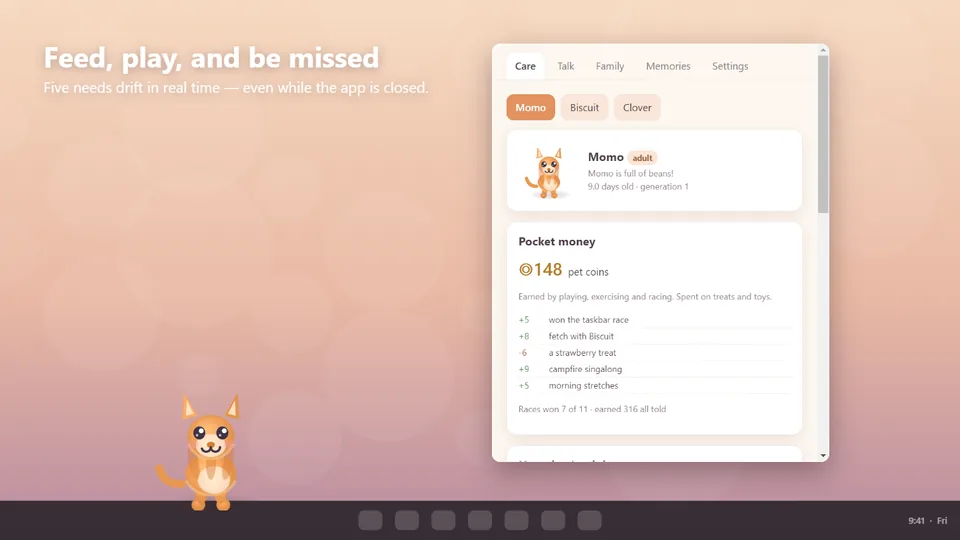 CutePets care panel with life stats