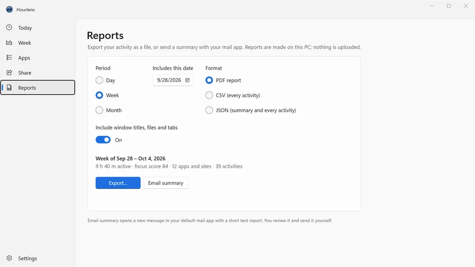 Hourlens Reports page with day, week or month and PDF, CSV or JSON options, plus Email summary