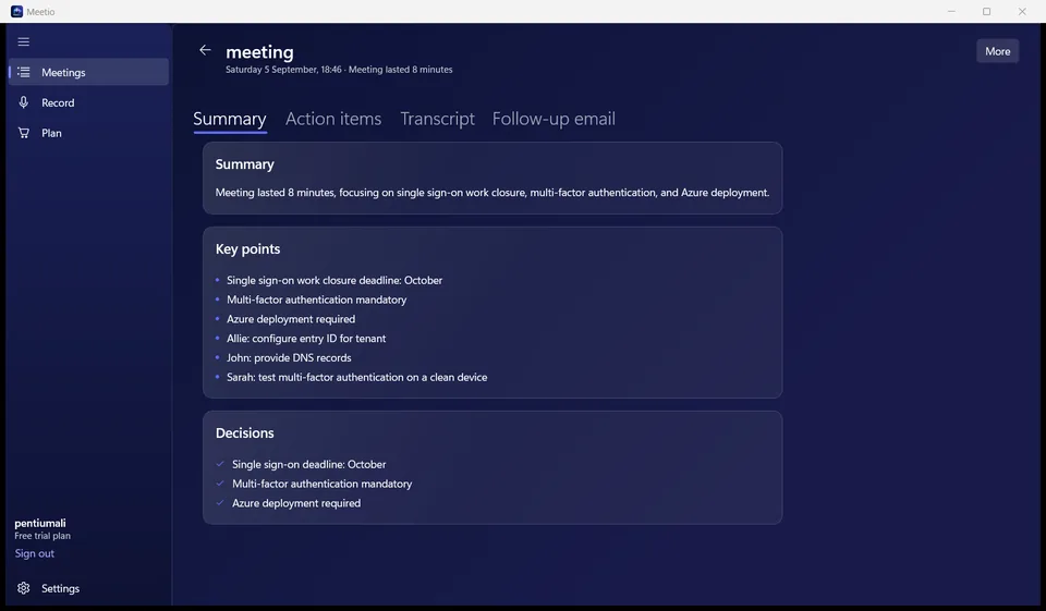 MeeteXe meeting summary with key points and decisions