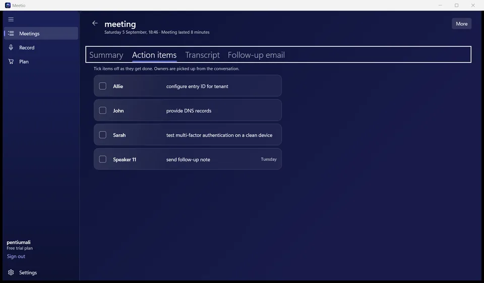 MeeteXe action items with owners