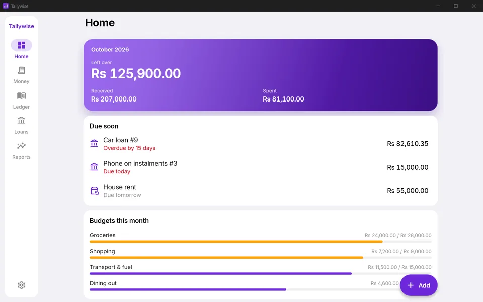 Tallywise Home with what is left over this month, bills and loan instalments due soon, and budgets with progress bars