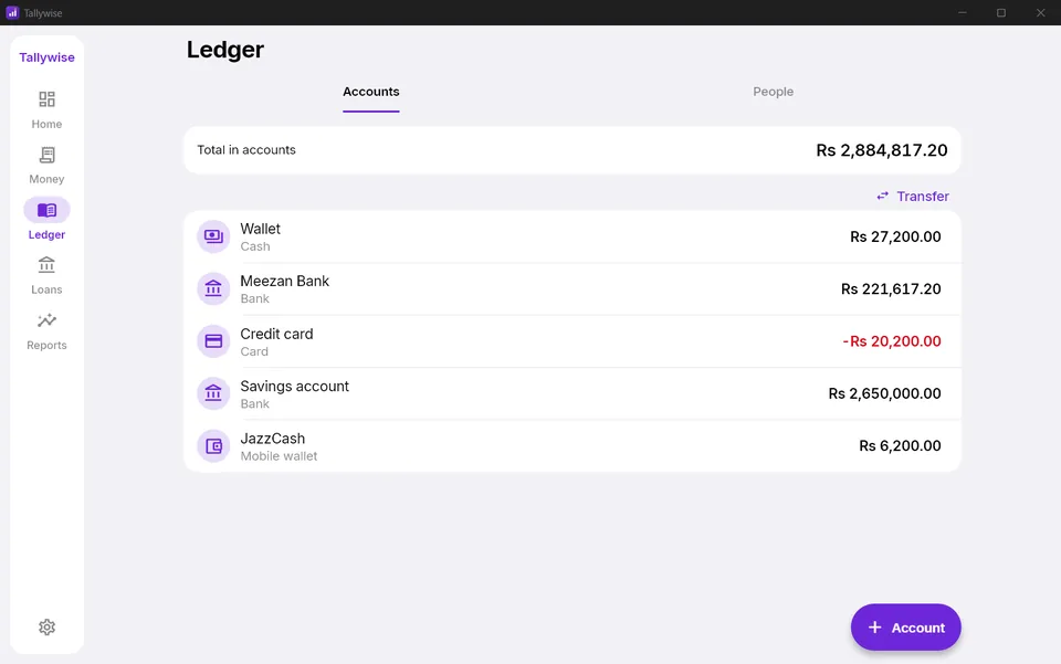 Tallywise Ledger accounts with wallet, bank, credit card, savings and mobile wallet balances and a transfer button