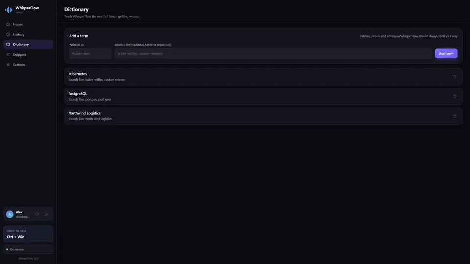 WhisperFlow dictionary with custom terms and pronunciations
